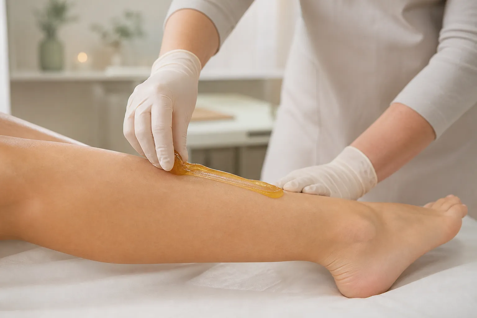 Professional sugaring paste application on a client's lower leg