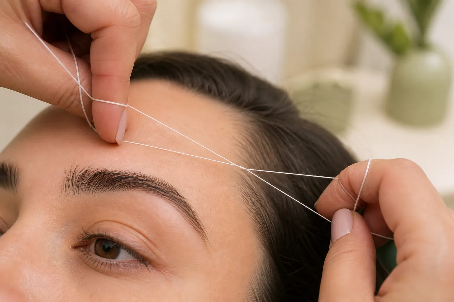 Professional eyebrow threading treatment in progress