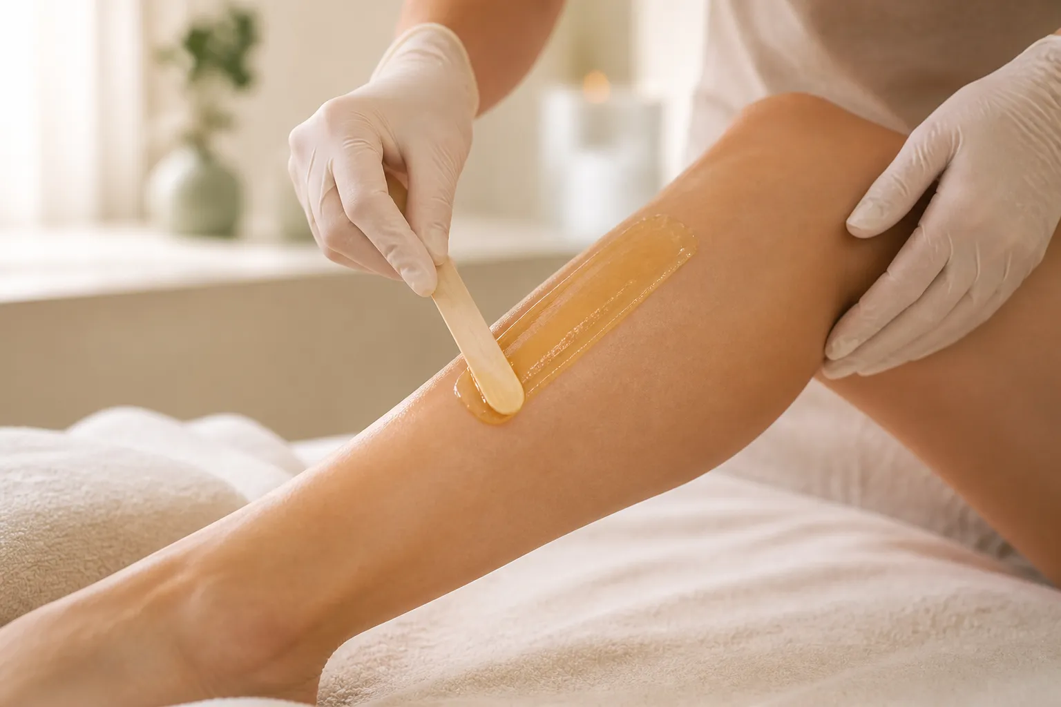 Professional warm wax application on a client's lower leg