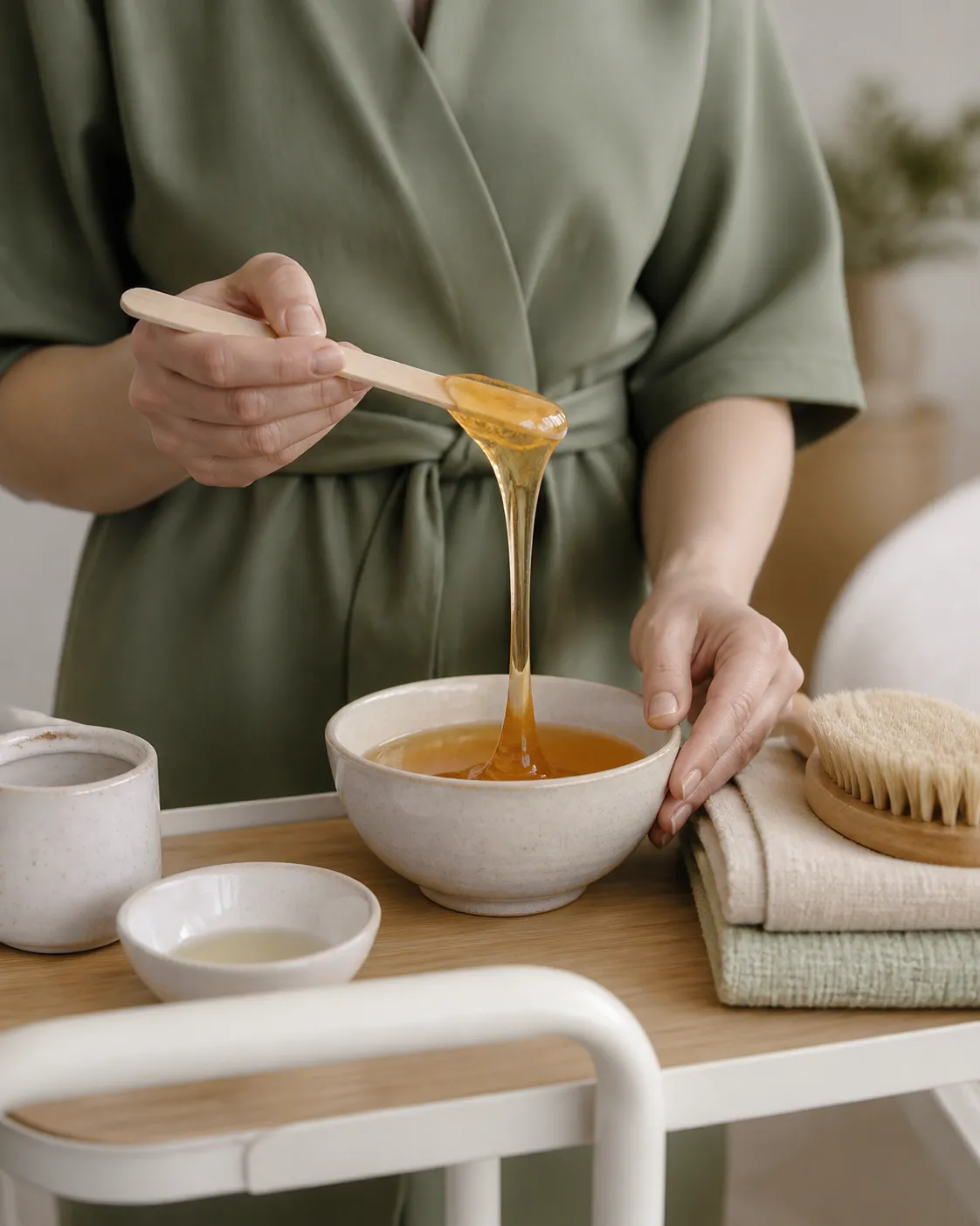 A beauty professional carefully preparing sugaring paste